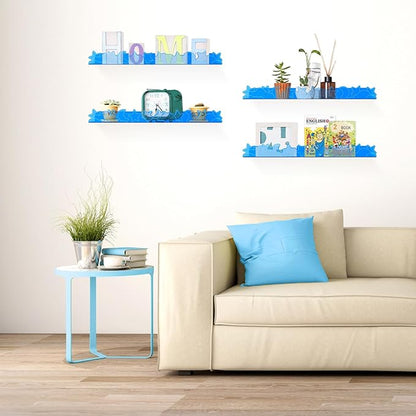 Floating Shelves for Wall,4 Pack 15.7’’x 3.5’’Adhesive Acrylic Shelves Organizer for Book Toy Photo Makeup,Wall-Mounted Kids Storage for Bathroom,Bedroom,Nursery,Blue Star and Moon