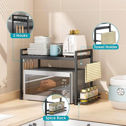DOLALIKE Microwave Oven Rack, Expandable Microwave Stand Countertop Kitchen Utensils Tableware Storage, Carbon Steel Over Microwave Shelf Countertop with 6 Hooks