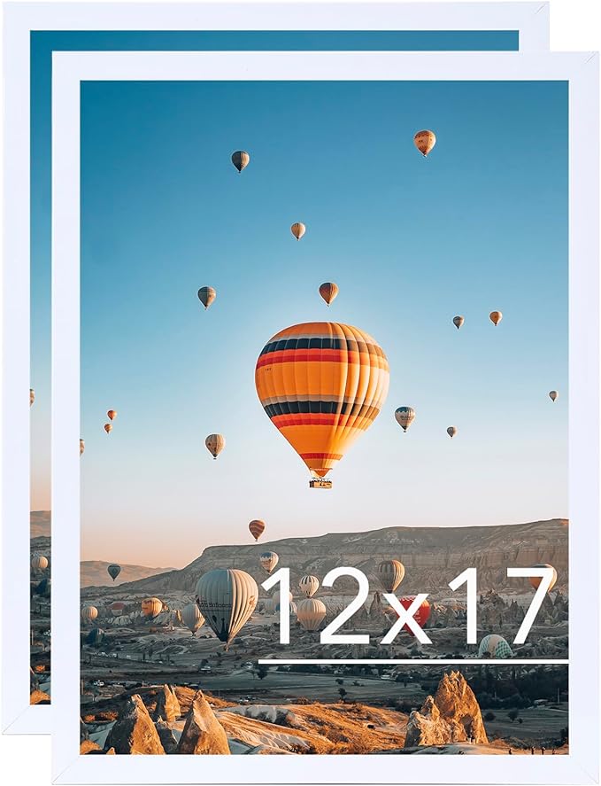 12x17 White Picture Frame Set of 2, Horizontal and Vertical Formats for Wall Hanging, 12 x 17 Wall Gallery Poster Photo Frames with Shatter Resistant Plexiglass, 2 Pack, White