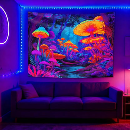 seewan Black Light Fantasy Mushroom Tapestry, Glow-in-the-Dark UV Neon Magic Forest Wall Hanging, Psychedelic Fantasy Nature Art Tapestry, Bedroom Dorm Living Room Background Decor
