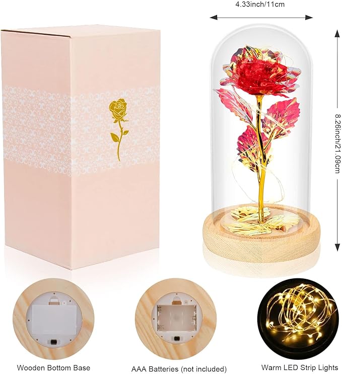 Preserved Fresh Flower in Glass Dome with LED Lights, Gold Stem Rose with Wooden Base, Romantic Home Decor Gift for Valentine's Day (A red rose as a gift for mom or a lover)