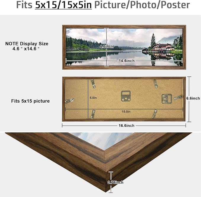 5x15 Frame Rustic Brown, Distressed 15x5 Picture Frame, Art Pic Hanging Poster Frame, 5 by 15 Gallery Family Concert Portrait Wall Photo Frame Horizontal Vertical Display Gift
