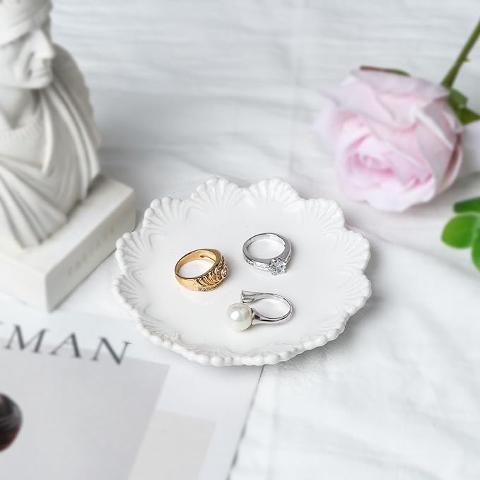 Ceramic Jewelry Dish, Decorative Tray for Rings Earrings Necklaces Bracelet Watch Keys, 4.50" Trinket Tray as Gifts for Women (White Shell)