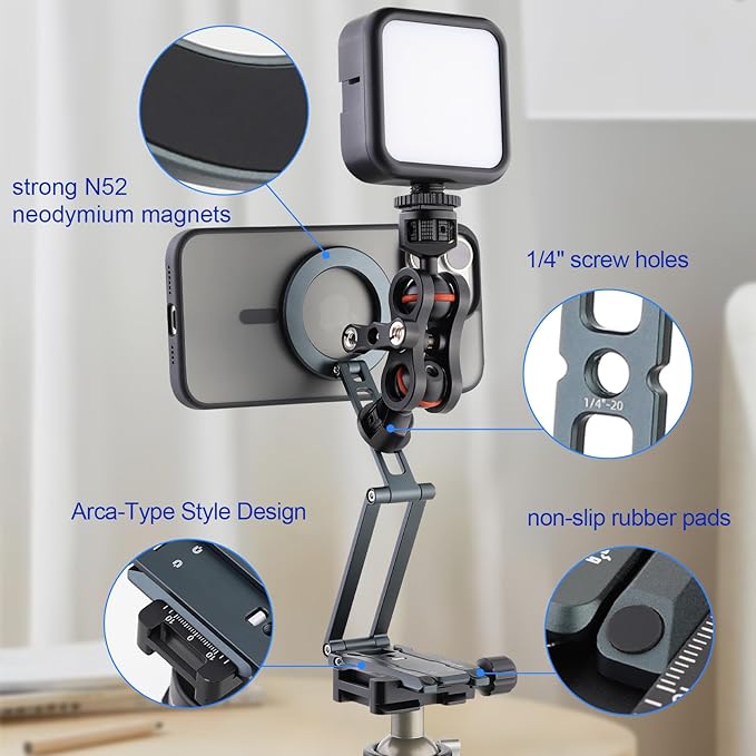 Leftfoto Metal Strong Magnetic Phone Stand 3-Axis Adjustable Foldable Cell Phone Mini Tripod Desk Holder Compatible with iPhone17/Promax16/15 Pro Max/14 Pro/13/12/MagSafe Cases or Android Phones