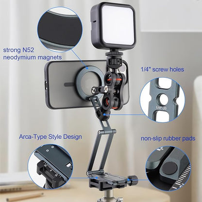 Leftfoto Metal Strong Magnetic Phone Stand 3-Axis Adjustable Foldable Cell Phone Mini Tripod Desk Holder Compatible with iPhone17/Promax16/15 Pro Max/14 Pro/13/12/MagSafe Cases or Android Phones