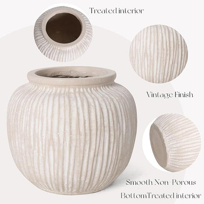Oakrain Large Rustic Minimalist Vase, 9" Distressed Round Floor Vase for Home Decor, Farmhouse Centerpieces Planters for Living Room Indoor Outdoor Use, Vintage White