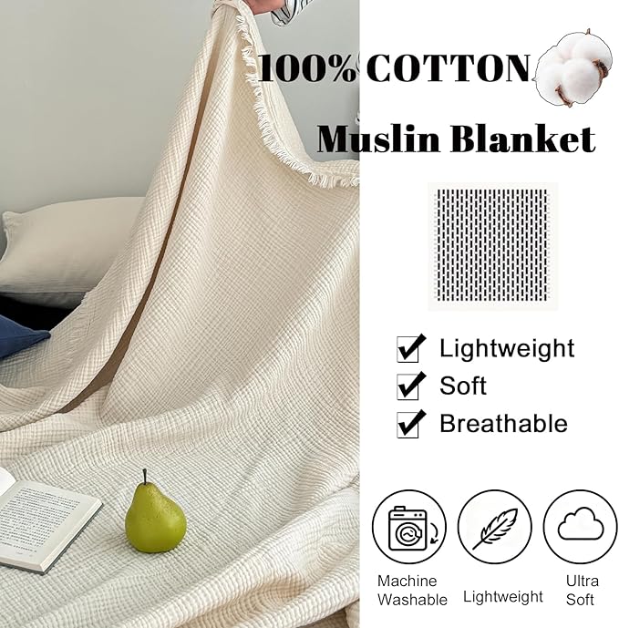 MorroMorn 100% Cotton Muslin Blanket with Fringes Twin Size 60"x80", 4-Layer Gauze Blankets for Adults, Boho Bedding Breathable Lightweight Ultra-Soft for Couch Bed All Seasons, Linen Beige