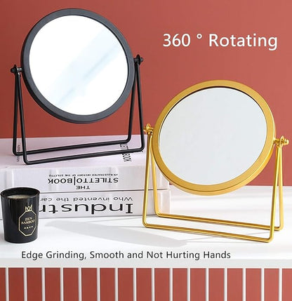 Iron Tabletop Makeup Mirror, Round Swivel Desktop Stand Mirror, 360°Rotation One-Sided Dressing Table Mirror(Golden)