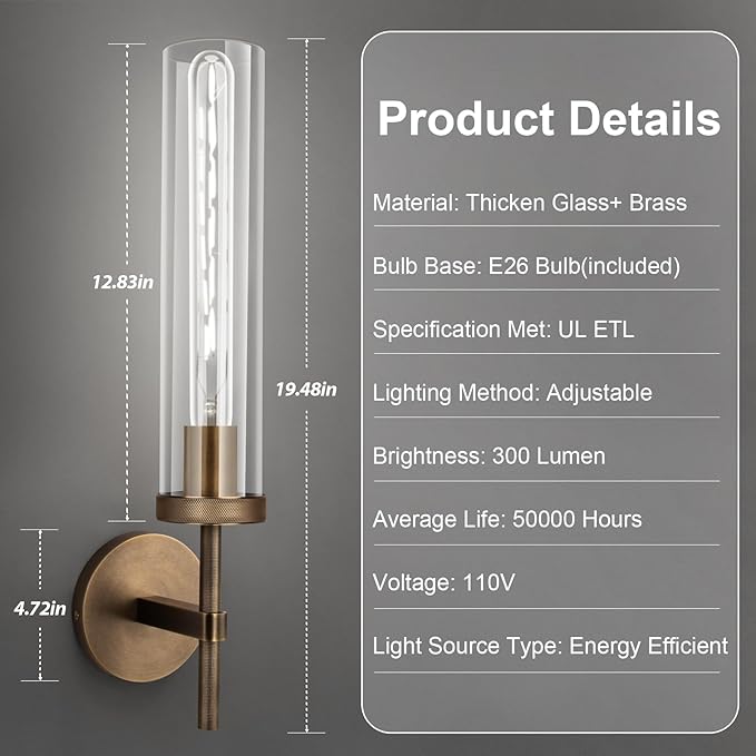 Bronze Wall Sconces Set of Two with White Lights, 19.48'' Brushed Brass Knurled Bathroom Sconces Wall Lighting Vanity Light with Clear Glass for Living Room Mirror Bedroom Stairs
