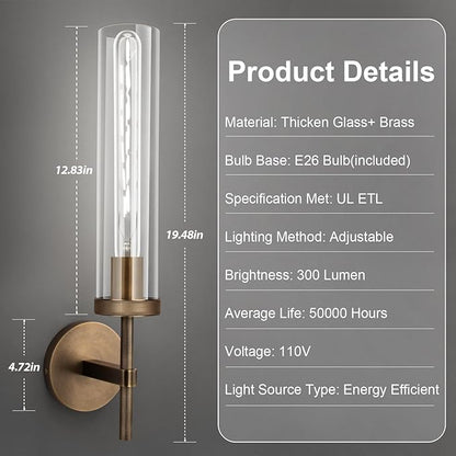 Bronze Wall Sconces with White Light, 19.48'' Brushed Brass Knurled Bathroom Sconces Wall Lighting Vanity Light with Clear Glass, Indoor Wall Mount Light for Living Room Mirror Bedroom Stairs
