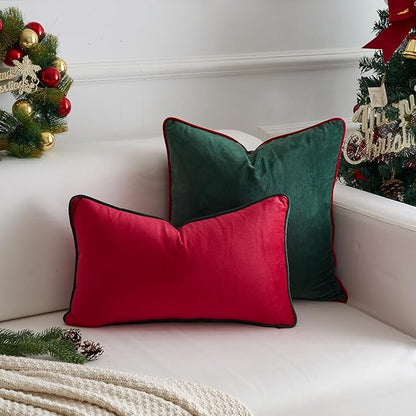 LIGICKY Set of 2 Christmas Red Velvet Lumbar Pillow Covers Modern Minimalist Style Solid Decorative Dark Green Rope Edging Soft Rectangle Cushion Cases for Sofa Bedroom Party Décor, 12 x 20 inch