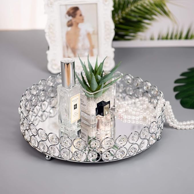 Feyarl Crystal Perfume Tray Cosmetic Makeup Vanity Tray Jewelry Trinket Organizer Mirrored Decorative Tray for Home Deco Christmas Birthday Gift(Round 10" inch) (Silver)