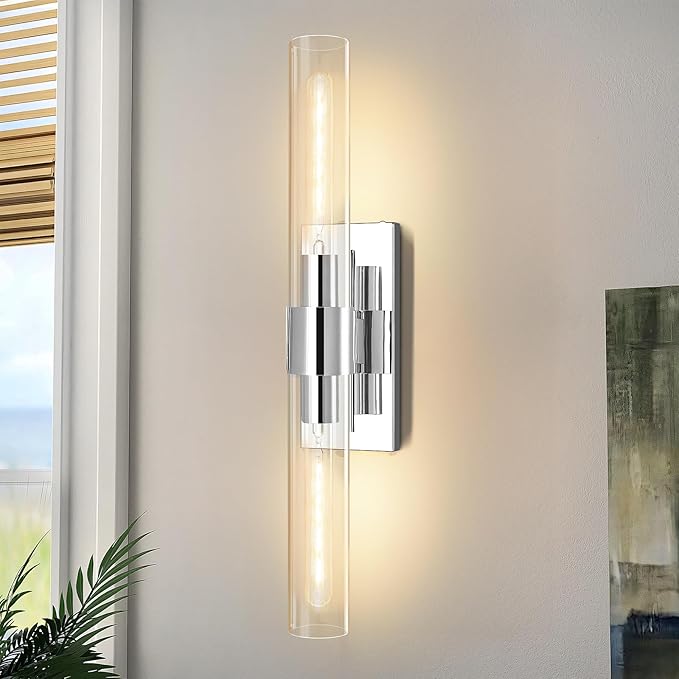 Chrome Wall Sconces, 22.8" Bathroom Sconces, Indoor Sconces Wall Lighting Up and Down, Nickel Wall Sconce Dimmable, Vanity Lights Fixtures with Tube, Glass Sconce for Bedroom, Staircase