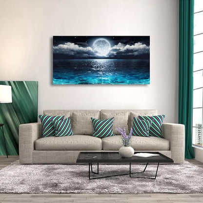 Wall Art Moon Sea Ocean Landscape Picture Canvas Wall Art Print Paintings Modern Artwork for Living Room Wall Decor and Home Décor Framed Ready to Hang,28x57inches,1inch Thick Frame,Waterproof Artwork