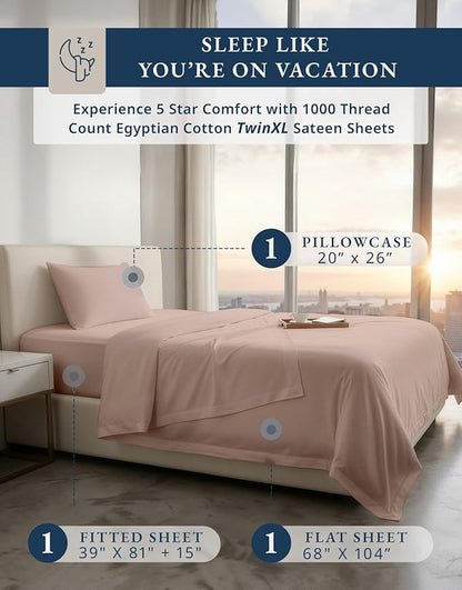 LANE LINEN Luxury 100% Twin XL Sheets Set Cotton - 1000 Thread Count, Eco Friendly Oeko-Tex Certified No Pill Fade Resistant Fully Elasticized Machine Washable Cotton Twin XL Bed Sheet - Sepia Rose