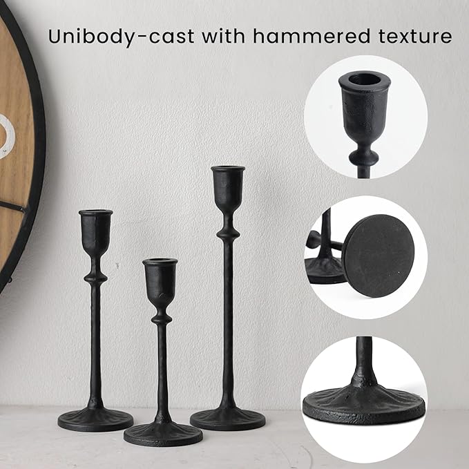 Antique Candlestick Holders Set of 3, Cast Iron Taper Candle Holder for Dining Table Centerpiece, Wedding, Fireplace Mantel Decor, Vintage Tall Candle Stands, Christmas Decorations, Matte Black