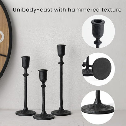 Antique Candlestick Holders Set of 3, Cast Iron Taper Candle Holder for Dining Table Centerpiece, Wedding, Fireplace Mantel Decor, Vintage Tall Candle Stands, Christmas Decorations, Matte Black