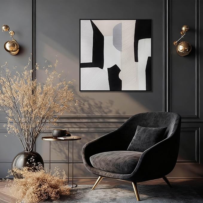 LEVERUP Black and White Square Geometric Pattern Wall Artwork Modern Painting Posters Abstract Wall Decor for Dining Room Bedroom Kitchen 32×32 Inchs
