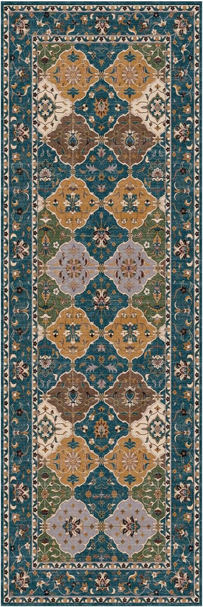 Lessymo Washable Hallway Runner Rug 2x6, Moroccan Faux Wool Runner Rugs Non Slip for Kitchen Entryway Laundry Room Bedroom, Low Pile Multicolor Oriental Rug, Kid & Pet Friendly, Olive Green and Gold