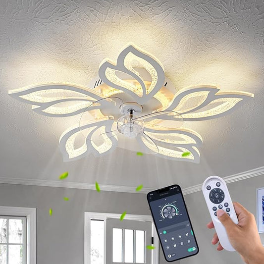25" White Modern Geometric Ceiling Fan with Lights, 3 Light Color 6 Speeds Flush Mount Low Profile Ceiling Fan for Bedroom Kitchen