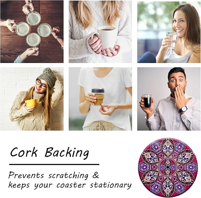 Coasters Set of 6 Mandala Pattern Ceramic Drink Coaster with Cork Base Modern Style Coasters for Mugs and Cups Office Kitchen 4 in