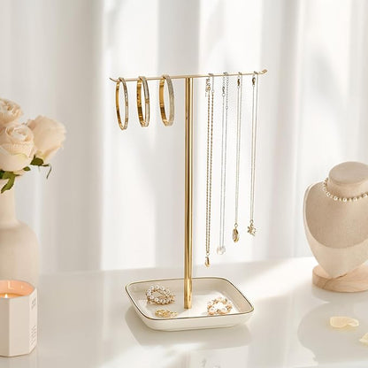 pickpiff Necklace Holder Stand with Ceramic Base: 12" Jewelry Tree Display Organizer for Necklaces, Bracelets, Rings, Earrings, Tall Gold Stand for Women, Aesthetic Room Décor