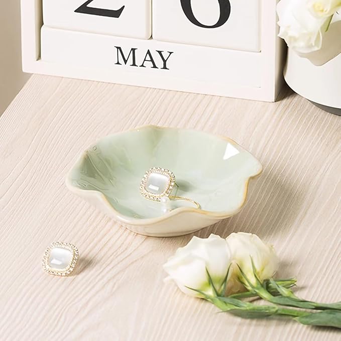 2Pcs Ceramic Jewelry Dish - Lotus Leaf Shape, for Ring Holder Necklace Small Key, Suitable for Mother Friend Sister, Gifts for Women, Cute Plate Trinket Tray, Home Decor (Green-2PCS)