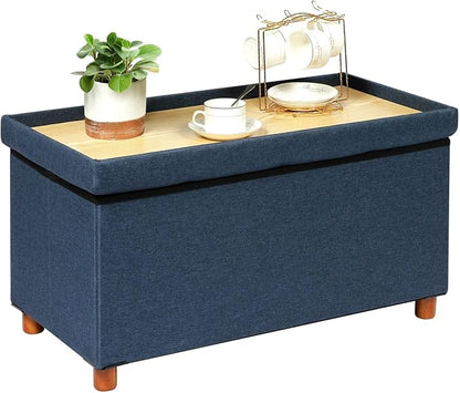 PINPLUS Linen Coffee Table Ottoman with Tray, Large Storage Bench with Wooden Legs, Chest Foot Stools, Ottomans for Living Room Bedroom, Blue, 30" x 15" x 15"