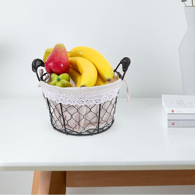 Wire Storage Basket with Fabric Liner and Handle round Iron Wire Fruit and Egg Basket for Kitchen and Table Organization for Home Storage