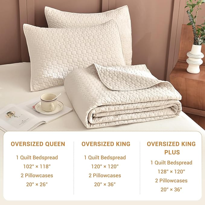 Sanracie Oversized Queen Quilt 102"*118",100% Cotton Bedspread Coverlet Lightweight Wheat Colored Extra Large 3Pcs Circular Quilting Queen bedspreads Cozy Cloud Quilt Bedding for All Season