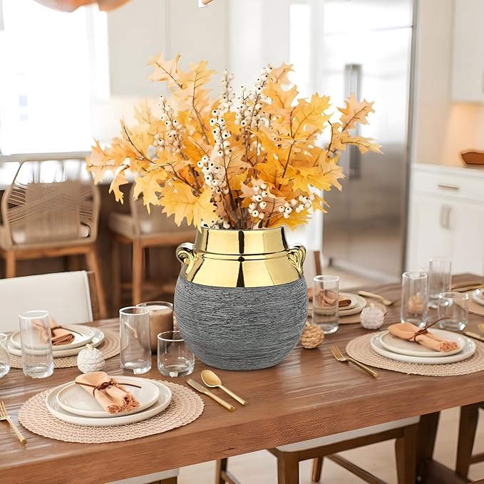 Rustic Ceramic Vase with Gold Rim and Ears – 9" Decorative Flower Vases for Living Room, Dining Table Centerpiece & Shelf Décor – Modern Farmhouse, Boho & Contemporary Home Accents