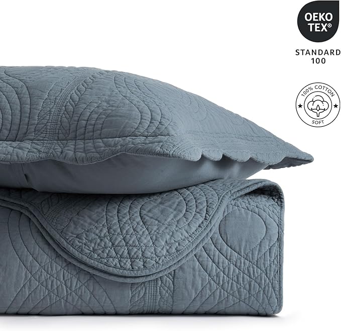 EVERGRACEHOME 100% Cotton Scallop Quilt Set, Queen Size 3 Piece Set – Lightweight Bedspread with 2 Shams, Soft Prewashed Matelasse Coverlet for Cozy and Elegant Bedding, Stormy Blue