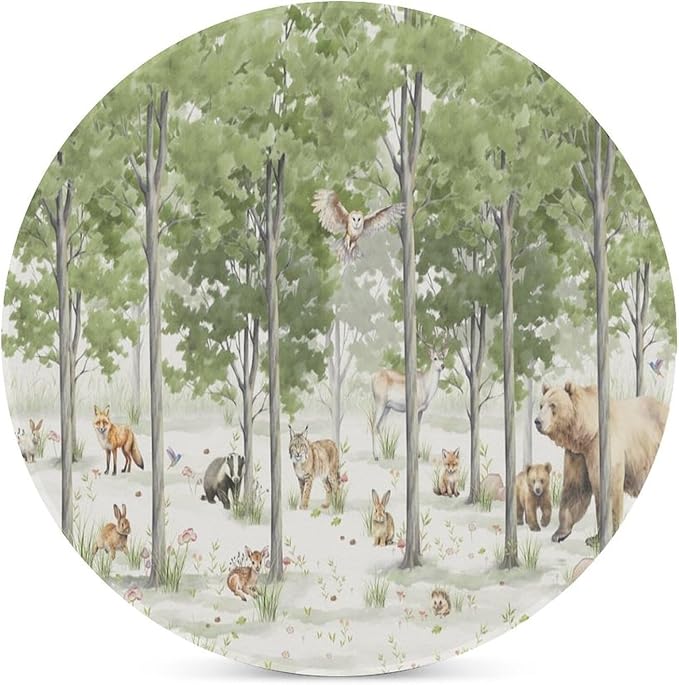 Round-6PCS Forest Drink Coasters, Round Modern Ceramic Absorbent Coasters, Cartoon Forest Nature Animal Bear, Deer, Fox, Rabbit Style Decor Desk Coffee Table Coaster for Beverage Cup Tea Coasters