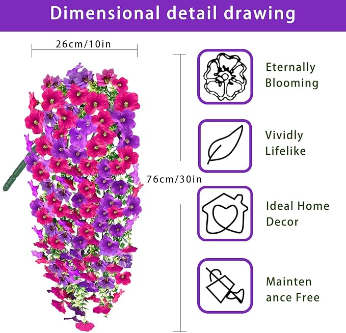 Artificial Fake Hanging Flowers Plants for Outdoor Fall Decoration, 4PCS UV Resistant Look Real Trailing Vines for Outside Home Planter Porch Patio Mums Autumn Decor (Purple&Pink Rose)