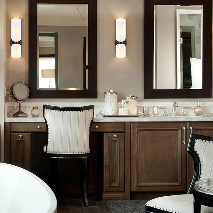 Black Wall Sconces Set of Two 2-Light Modern Wall Light Bathroom Vanity Light,Milky White Glass