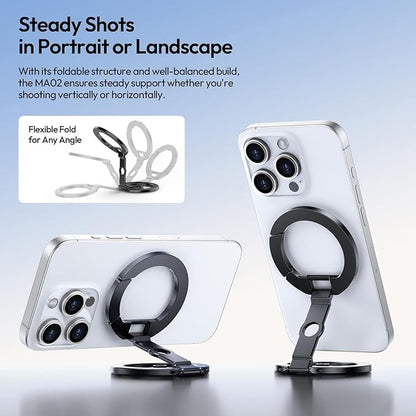 ULANZI MA02 Dual Magnetic Ring Phone Grip Stand, Aluminum for MagSafe Gym Kickstand Compatible with iPhone 17-12 Series, Foldable Phone Tripod Mount with 1/4" Screw for Live Streaming Vlog