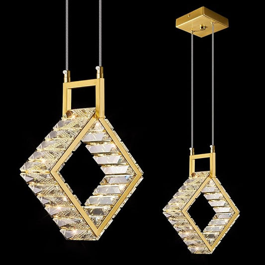 Kitchen Island Mini Light Fixture Modern Led Crystal Pendant Light Gold Square Chandelier for Dining Room Living Room Kitchen Bedroom Bar（1-Pack）…