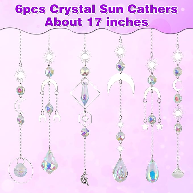 6 Pcs Sun Catchers Indoor Window, Colorful Crystal Suncatcher Prism for Windows Hanging Outdoor Garden Home Balcony Ceiling Wall Room Decor Aesthetic Wedding Party Rainbow Maker Ornaments Gifts
