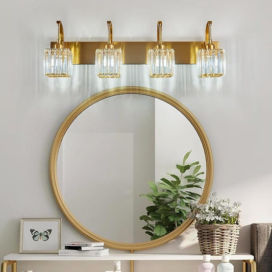 Crystal Vanity Lights 4-Light Gold Bathroom Vanity Lights Modern Crystal Bathroom Light Fixtures Over Mirror 32.67" Long Vanity Light for Bathroom