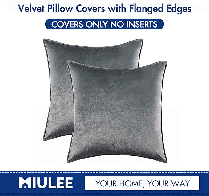 MIULEE Pack of 2 Decorative Velvet Throw Pillow Cover Soft Pillowcase Solid Square Cushion Case for Sofa Bedroom Car 20x20 Inch Dark Grey