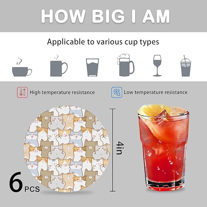 Cute Cats Set of 6 Coasters for Drinks Absorbing Round Ceramic Stone Coaster with Cork Base,Tabletop Protection Mat for Mugs and Cups,Office,Kitchen