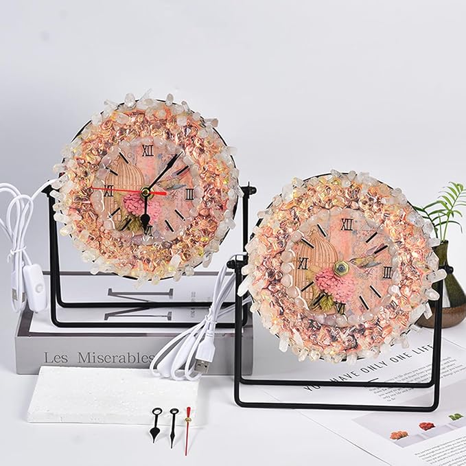 JIC Gem Clear Quartz Crystal Clock with Lamp Decorative Desk Clock USB Port Night Light Home Office Decor