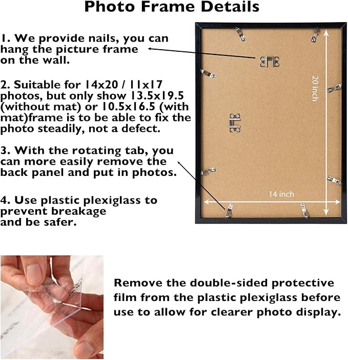 14x20 Picture Frame Set of 2 with 11x17 Mat, Display Photo 11x17 with Mat or 14 x 20 Without Mat, Wall Hanging Large 14 by 20 Poster Frame with Plexiglass, 2 Pack, Black