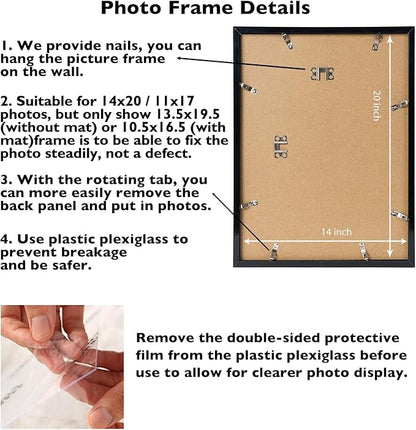 14x20 Picture Frame Set of 2 with 11x17 Mat, Display Photo 11x17 with Mat or 14 x 20 Without Mat, Wall Hanging Large 14 by 20 Poster Frame with Plexiglass, 2 Pack, Black