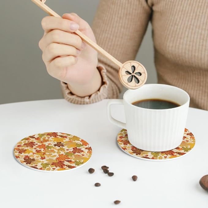 Fall Maple Leaves Coaster Set of 4 Autumn Cup Coasters for Drinks Thanksgiving Harvest Waterproof Wipeable PVC Round Coasters Mat for Coffee Beer Wine Outdoor Patio Table Bar Desk Seasonal Desk Decor