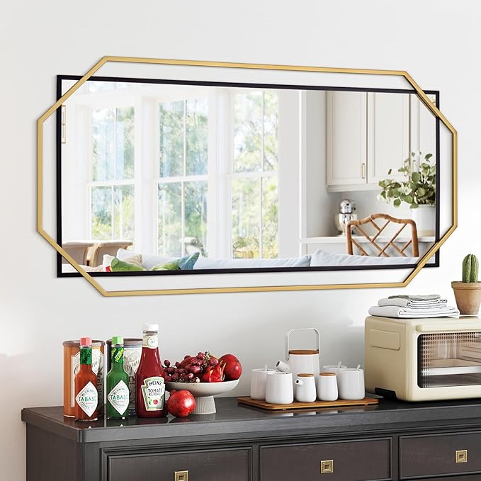 55"x28" Black Large Decorative Vanity Wall Mirror, with Gold Metal Frame, Modern Accent Horizontal Mirror for Living Room, Bedroom, Entryway