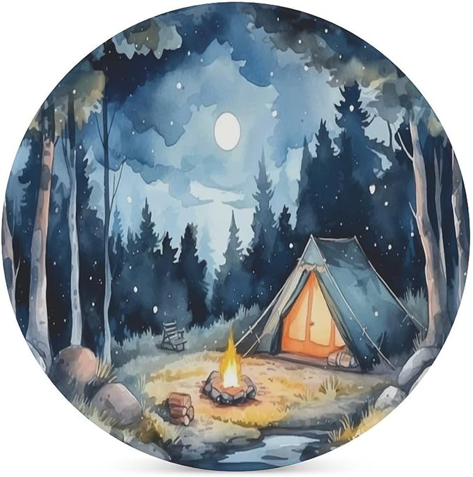 Forest Drink Coasters, Round Ceramic Drink Coaster Round-4PCS, Watercolor Mountain Forest Nature Tree Woodland Camping Decor Absorbent Ceramic Coasters for Beverage Cup, Bar, Coffee Table