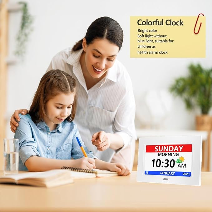7 Inch Clock with Day and Date for Elderly Large Display Digital Clocks 12 Alarm 3 Display Modes Large Font Alzheimer's Clock Alarm Clocks for Seniors Auto DST White