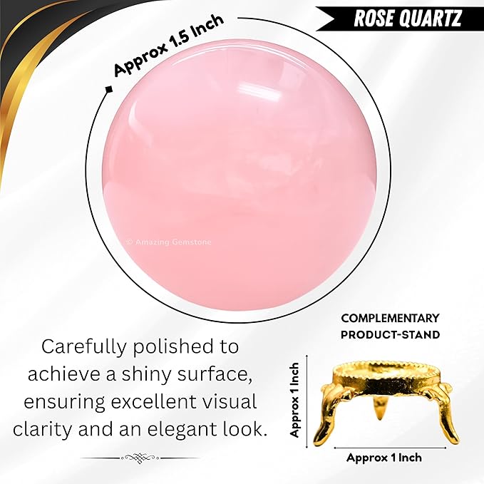 Amazing Gemstone Rose Quartz Crystal Ball with Stand - 1.5 Inches Crystal Sphere Meditation Balls for Witchcraft and Decorative Balls