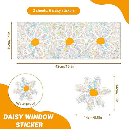 6 PCS Daisy Sun Catcher Sticker Prevent Birds Strikes, Static Cling Rainbow Window Film, Flower Window Clings for Glass Decal Non Adhesive, Reusable Window Stickers